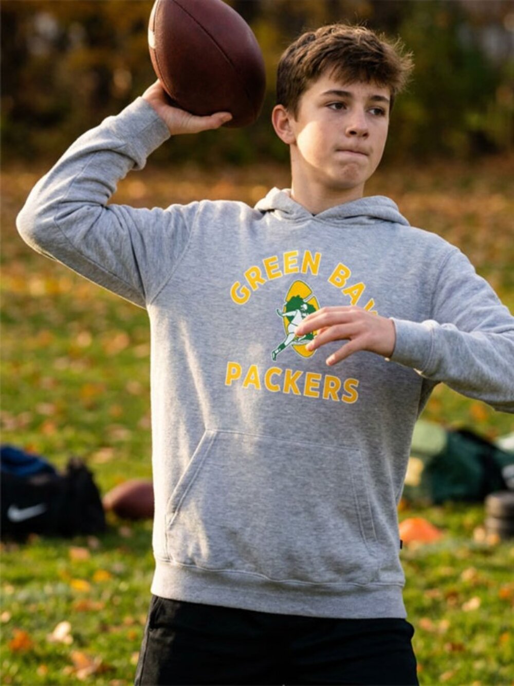 Green Bay Packer Vintage Logo Youth Rugger Hoodie GREY HEATHER
